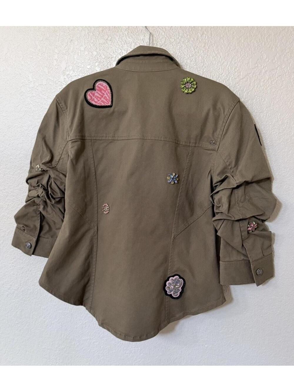 New Cinq à Sept RETRO LOVE PATCHES SCRUNCHED CANYON JACKET In Olive Sz L $595 - Picture 10 of 14